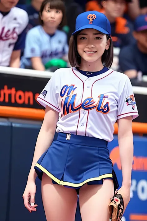 ((best quality)), ((masterpiece)), (detailed), 1girl,baseball player on baseball stadium,((clothed:1.1)),(New York Mets uniform),sexy blue with orange and white baseball uniforms,wearing blue baseball cap ,baseball mittens ,hold baseball bats,(pleated mini...