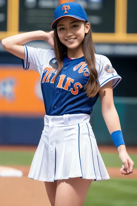 ((best quality)), ((masterpiece)), (detailed), 1girl,baseball player on baseball stadium,((clothed:1.1)),(New York Mets uniform),sexy blue with orange and white baseball uniforms,wearing blue baseball cap ,baseball mittens ,hold baseball bats,(pleated mini...