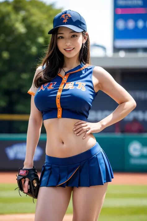 ((best quality)), ((masterpiece)), (detailed), 1girl,baseball player on baseball stadium,((clothed:1.1)),(New York Mets uniform),sexy blue with orange and white baseball uniforms,wearing blue baseball cap ,baseball mittens ,hold baseball bats,(pleated mini...