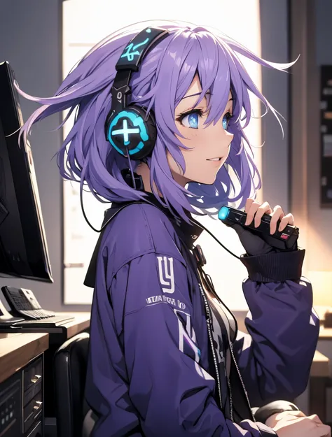 foreground,  front side profile, urban clothing with gaming headphones, concentrated, playing video games in your room,  happy a...