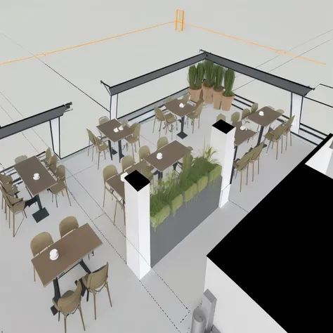 arafed view of a restaurant with tables and chairs and a planter, cafe tables, detailed rendering, contaning tables and walls, orthographic 3d rendering, enscape render, detailed renderings, 3 d perspective, isometric perspective view, concept drawing, det...