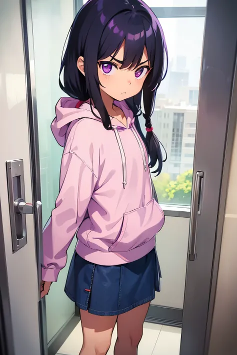  elementary school  toddler flat chest black hair 　 straight long hair　 is angry　Purple Eyes　（（One person）） pink upper body hooded hoodie standing at the entrance of a condominium　Navy blue denim mini skirt　　 white panties　（（ panties visible））　Standing at ...