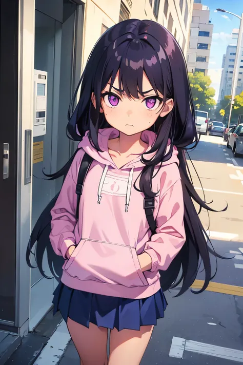  elementary school  toddler flat chest black hair 　 straight long hair　 is angry　Purple Eyes　（（One person）） pink upper body hooded hoodie standing at the entrance of a condominium　Navy blue denim mini skirt　Carry a backpack　 white panties　（（ panties visibl...