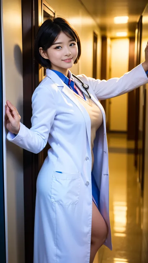 Best Quality,masterpiece, Ultra High Definition , highdefinition RAW color photo, professional photos , natural skin texture, fine skin, Hyperrealism , Japanese Women,(smile, short cut hair,((Female doctor,Long white coat,white doctor uniform ), white hosp...