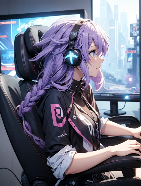 foreground, front side profile, urban clothing with gaming headphones, concentrated, Playing video games in your room happy and happy gaming High resolution, masterpiece , Anatómicamente correcto, necessary, Awarded many times, the best quality, Detai...