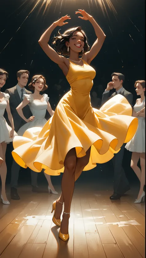 best quality, clear quality, high quality, 4K, 8k, one женщина,  Latin American girl with dark skin , long dark hair ,  in a yellow short Latin American dance dress,  art, smiles, просто costs ,costs, talks, just chatting ,  art, , the dance room ,  in a L...