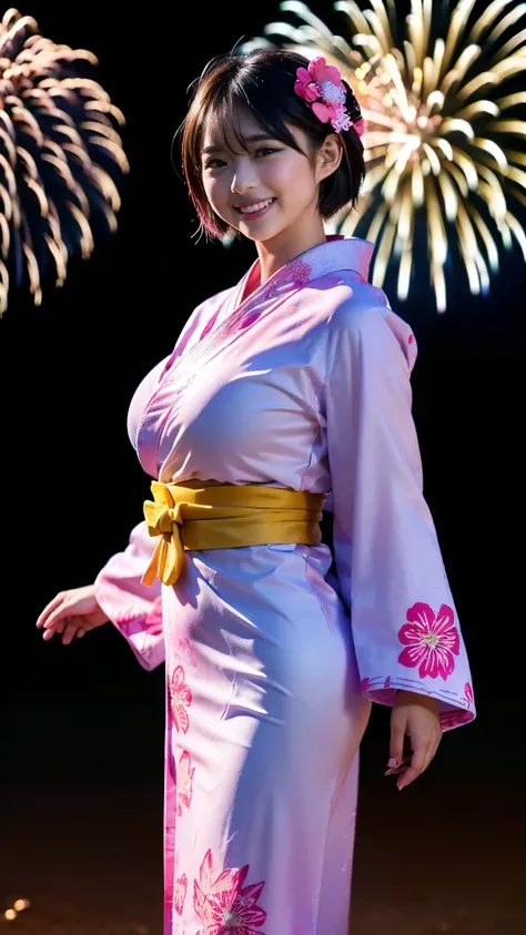 Best Quality,masterpiece, Ultra High Definition , highdefinition RAW color photo, professional photos , natural skin texture, fine skin, Hyperrealism , Japanese Women,(smile, short cut hair,(((pink long sleeve yukata with flashy floral pattern,arms at side...