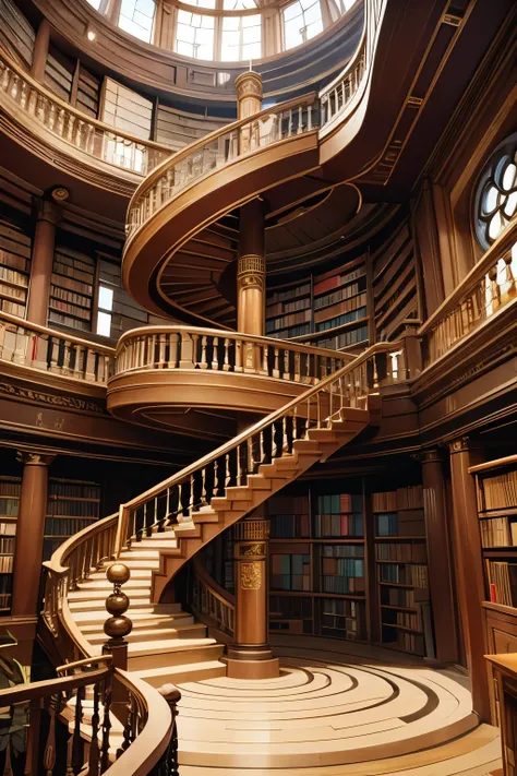 (Best Quality:1.2)。steampunk。Massive Staircase in the Library Labyrinth。