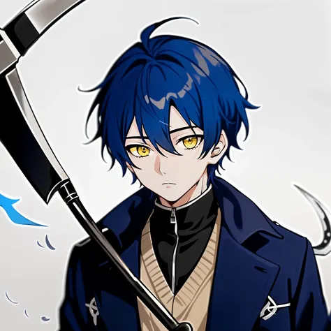 1boy, anime, parted_middle_deep_blue_hair, navy_blue_tail_coat, beige_sweater, holding_scythe, light_yellow_eyes, white_background, looking_at_viewer