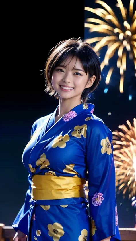 Best Quality,masterpiece, Ultra High Definition , highdefinition RAW color photo, professional photos , natural skin texture, fine skin, Hyperrealism , Japanese Women,(smile, short cut hair, face up ,(((gold long sleeve yukata with flashy floral pattern,ar...