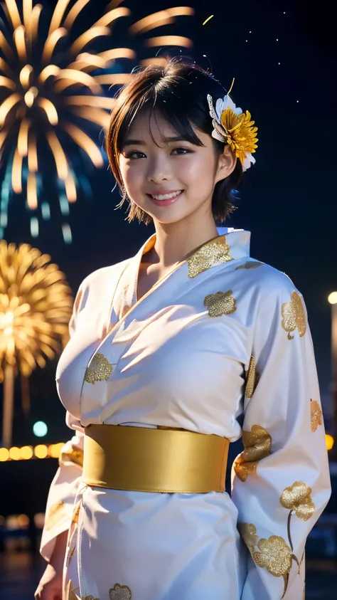 Best Quality,masterpiece, Ultra High Definition , highdefinition RAW color photo, professional photos , natural skin texture, fine skin, Hyperrealism , Japanese Women,(smile, short cut hair, face up ,Visible nipples,(((gold long sleeve yukata with flashy f...