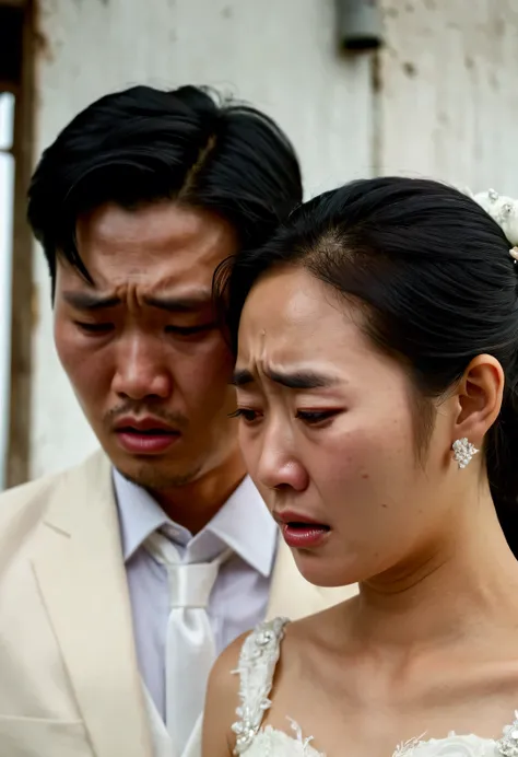 a korean male  and female wearing a wedding dress crying face close up fed up sad angry and face turn site way and other thai ma...