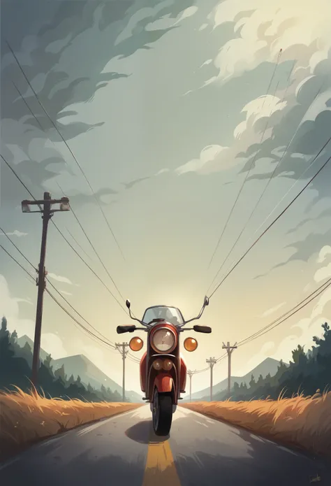 "Create an image of a motorcyclist riding down a clear, open road on a sunny day. The perspective should be from the rider’s viewpoint, showing the handlebars, speedometer, and tank of the motorcycle. Include decorative elements like red cloths with gold t...