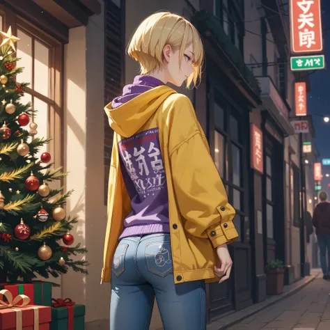 １A woman in her 30s、 very short cut hair 、 Christmas、night、Complete back view、Blonde、 Slim Body 、 yellow hooded half coat、 loose purple knit sweater、no damage jeans