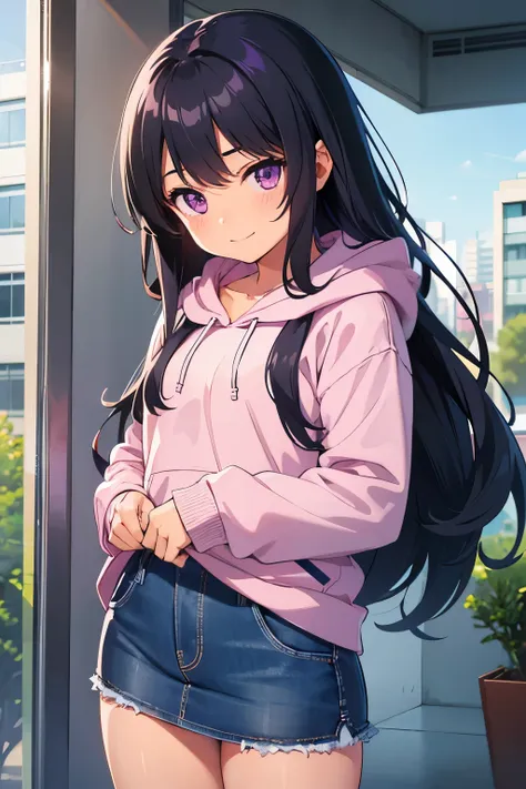  elementary school  toddler flat chest black hair 　 straight long hair　smile　Purple Eyes　（（One person）） pink upper body hooded hoodie standing at the entrance of a condominium　Navy blue denim mini skirt　 white panties　（（ panties visible））　Otaku&#39;s Room　...