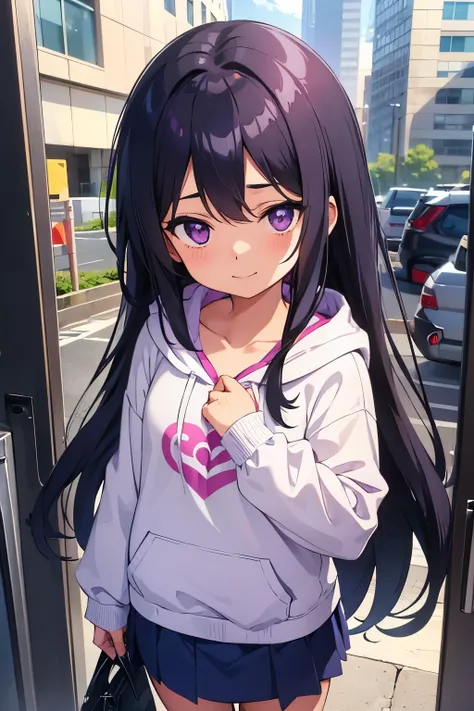  elementary school  toddler flat chest black hair 　 straight long hair　smile　Purple Eyes　（（One person）） pink upper body hooded hoodie standing at the entrance of a condominium　Navy blue denim mini skirt　 white panties　（（ panties visible））　Otaku&#39;s Room　...