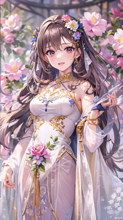 ((Best Quality)),( Ultra High Definition ),(Super detailed),( detailed explanation),(( best CG )),(masterpiece), Highly Detailed Art ,( Art with Precise Details :1.5), (Adult female:1.6),(Beautiful and well-proportioned face:1.3),(light makeup:1.3),( Flowe...