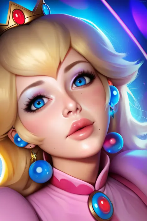 score_9, score_8_up, score_7_up, score_6_up, score_5_up, score_4_up, princess_peach, mario_(series), 1girl, blonde_hair, blue_eyes, face focus, neon lighting, ray tracing, great use of color theory, red blue and purple colors, (masterpiece: 1.0), best qual...