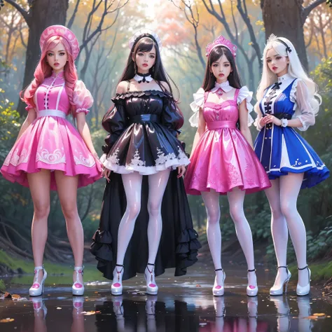 ((full body shot):1.5), a group of women, in elegant classic lolita princess mini dress,( minidress:1.1), ((standing and posing ...