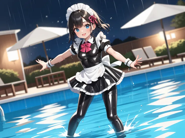 (Best quality), (Outdoor pool), Alone, High kicking, (((Cute schoolgirl in wet, shiny, tight-fitting, patent leather maid outfit)))), ((Wet, shiny, tight-fitting, full-body suit with skirt)), Clear mucus dripping from her body, (((Perfect fingers)))), (Med...