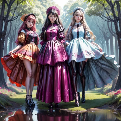 ((full body shot):1.5), a group of women, in elegant classic lolita princess mini dress,( minidress:1.1), ((standing and posing ...