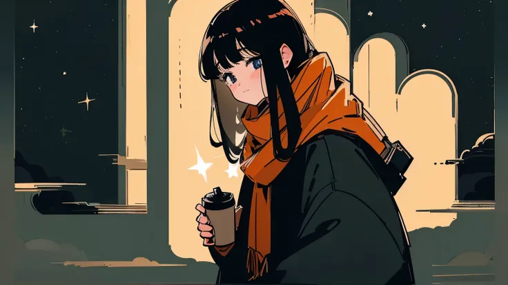 Close-up of a 20-year-old black-haired woman、Being Calm、gentle light、black background、Coffee、head shot、Lo-Fi Illustration、a relaxing sight、starry sky、Countless stars、night view、Scarf、hoodie