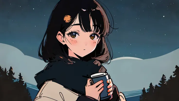 Close-up of a 20-year-old black-haired woman、Being Calm、gentle light、black background、Coffee、head shot、Lo-Fi Illustration、a relaxing sight、starry sky、Countless stars、night view、Scarf、hoodie