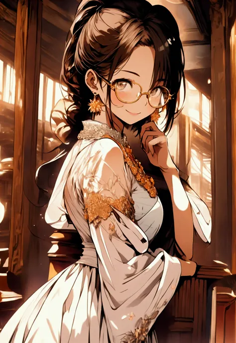 one girl,dark orange long ponytail,round glasses,baby face,small breasts,finely embellished white dress , look and smile , libra...