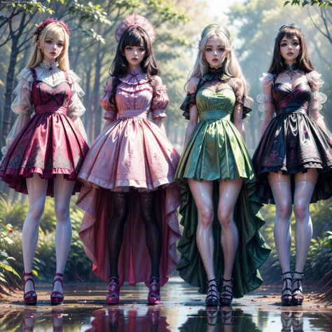 ((full body shot):1.5), a group of women, in elegant Classic Lolita Princess mini Dress,(green minidress:1.2), ((Standing and posing by a forest lake)), Bimbo, ((JK Female Student style):1.3), (Muticolored:1.4), (Wear dresses of different colors:1.2),Mary ...