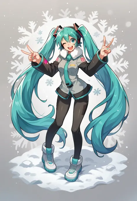 score_9, score_8_up, score_7_up, score_6_up, score_5_up, score_4_up, BREAK source_anime,1girl, clothed, hatsune miku, v, wink, detailed background, looking at viewer, jump, happy, full body, winter, snow, curvy