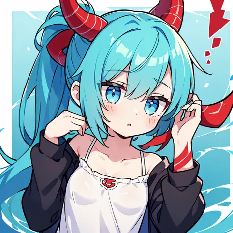  one girl, She is wearing an open-chested shirt.

 she has aqua blue eyes ,  aqua blue hair cut into a short bob、 tied in a ponytail ,  she has 2 red horns growing from the side of her head , Red tattoos all over her body .