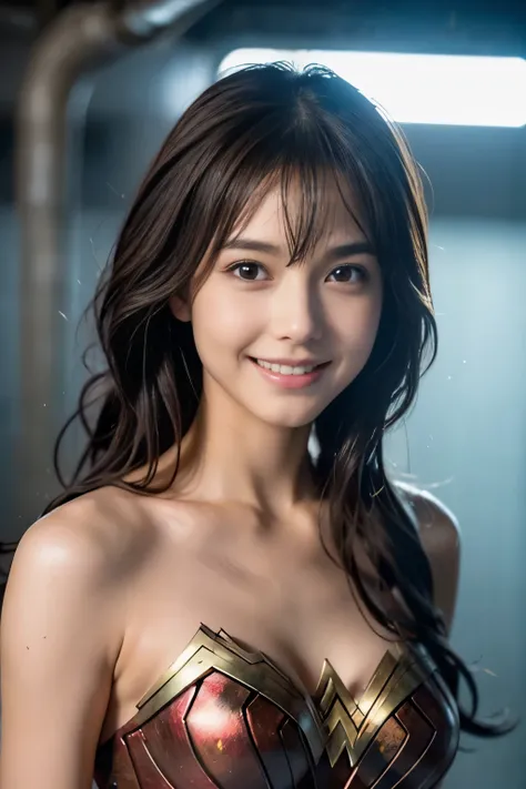 underground、prison、 Wonder Woman, your hair is wet,Dripping Water)、fine 目、Best Quality,   Ultra High Definition , reality: 1.4,  Movie Lighting 、 super realistic 、8k、Diagonal bangs、Brown Hair、 hair is unkempt ,20 years old， Wonder Womanティアラ, smile