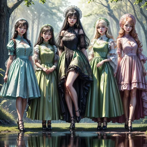 ((full body shot):1.5), a group of women, in elegant Classic Lolita Princess mini Dress,(green minidress:1.2), ((Standing and posing by a forest lake)), Bimbo, ((JK Female Student style):1.3), (Muticolored:1.4), (Wear dresses of different colors:1.2),Mary ...