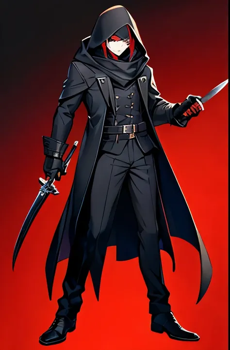 full body of men, black coat, hood, red eyes, villanic, assassin, knife, black hair, mask