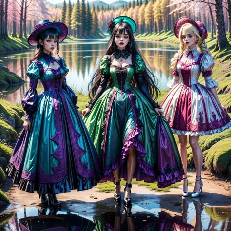 ((full body shot):1.5), a group of women, in elegant Classic Lolita Princess mini Dress,(blue minidress:1.2), ((Standing and posing by a forest lake)), Bimbo, ((vampire style):1.3), (Muticolored:1.4), (Wear dresses of different colors:1.2),Mary Jane shoes ...