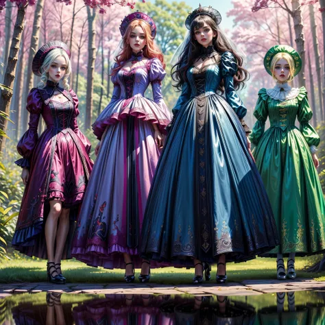 ((full body shot):1.5), a group of women, in elegant Classic Lolita Princess mini Dress,(blue minidress:1.2), ((Standing and posing by a forest lake)), Bimbo, ((vampire style):1.3), (Muticolored:1.4), (Wear dresses of different colors:1.2),Mary Jane shoes ...