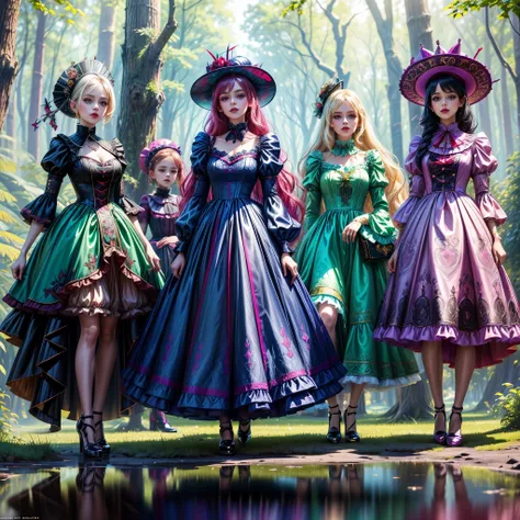 ((full body shot):1.5), a group of women, in elegant Classic Lolita Princess mini Dress,(blue minidress:1.2), ((Standing and posing by a forest lake)), Bimbo, ((vampire style):1.3), (Muticolored:1.4), (Wear dresses of different colors:1.2),Mary Jane shoes ...