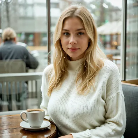 Ultra-high resolution, hyperrealistic, high-quality depth blur portrait shot of Lara, a cozy and contemplative woman with silky straight platinum blonde hair and light green eyes, sitting in a small, charming café by the window, enjoying a cup of coffee. S...