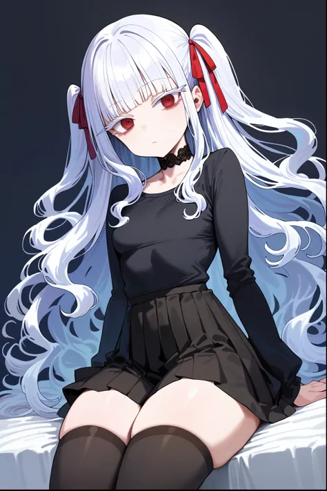 score_9,score_8_up,
1girl,jirai kei,small breasts,white hair,colored eyelashes,white eyelashes,long hair,two side up,hair ribbon,straight hair,wavy hair,blunt bangs,sidelocks,red eyes,pale skin,(bags under eyes:1.2),eyes visible through hair,straight hairv...