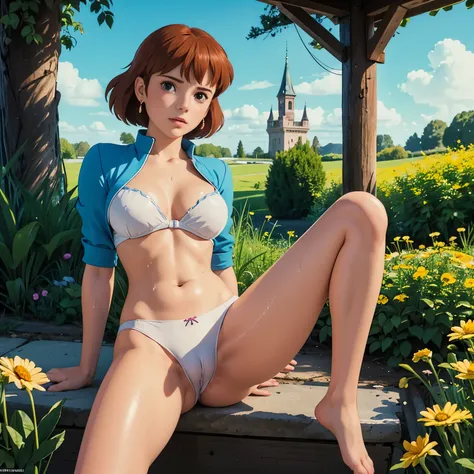 (masterpiece, highest quality, High resolution, 8k, High quality anime sensual illustrations, Detailed and realistic), ((Nausicaa of the vally of the wind)), 1 girl, Portrait, Nausicaa takes off her clothes to show her large breasts and pussy at open air, ...