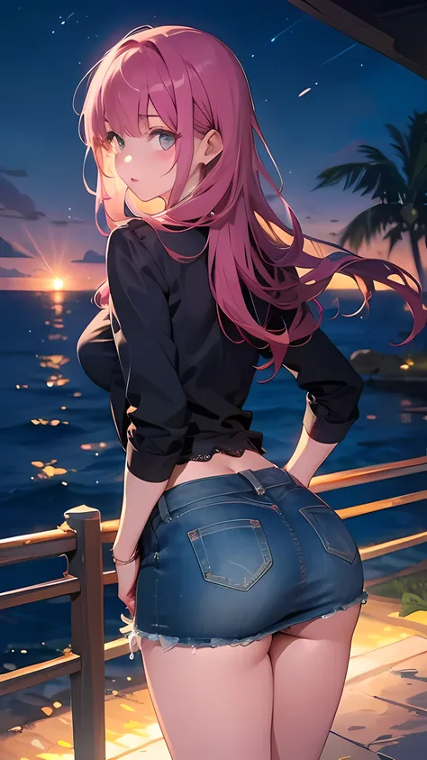 illustration： Super Delicate， a girl ，25 years old， wearing black lace underwear 2:0，Sexy thighs，Denim Skirt，Pink hair，Straight long hair， big breasts ，At night by the sea ，See underwear， and see the underwear at the bottom of the skirt ，，Hands behind your...