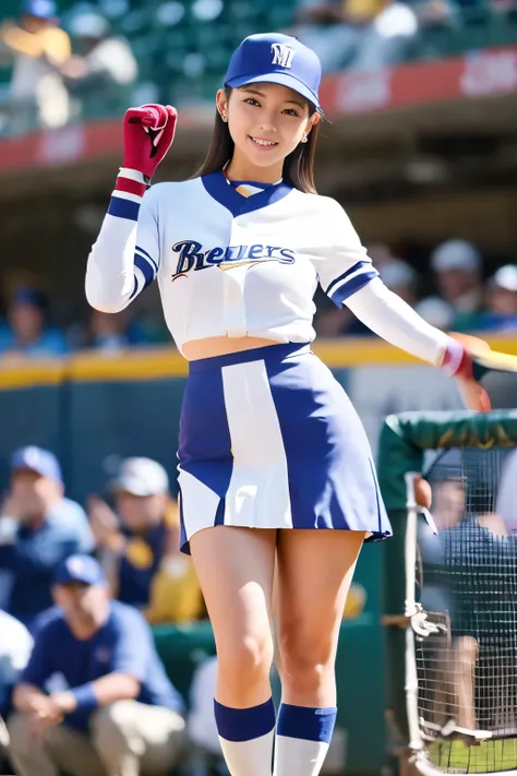 ((best quality)), ((masterpiece)), (detailed), 1girl,baseball player on baseball stadium,((clothed:1.1)),(Milwaukee Brewers uniform),sexy blue and white striped baseball uniforms,wearing blue baseball cap ,baseball mittens ,hold baseball bats,(pleated mini...