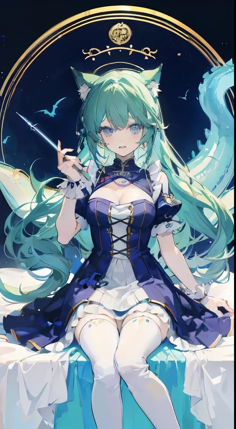 ((desktop, highest quality : 1.1), ((Wearing a blue dress、 anime girl with a magic wand )), Art Nouveau 、Anime Cat Girl wearing a maid costume, , ((Green Hair))、People with long hair、(( artistic style of working with a dragon king , Long eyelashes, and tr...