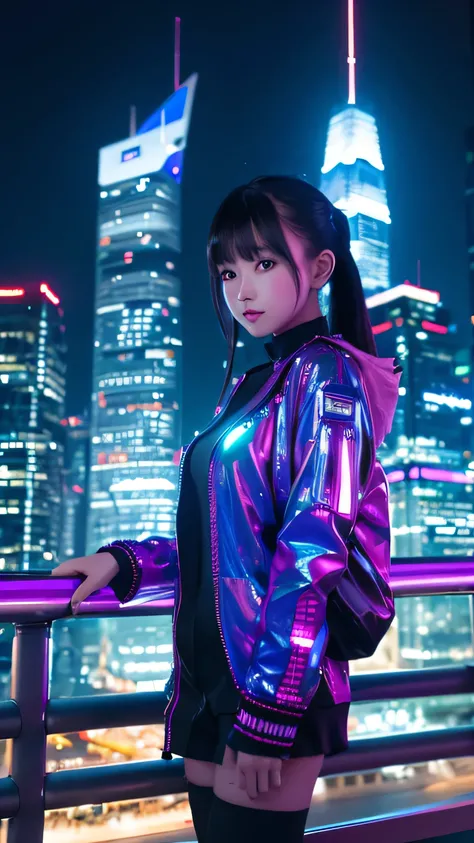 A futuristic city of skyscrapers at night. A very cute girl is standing on the street of a city that is brightly lit with holograms and neon lights. She is dressed in a cyber outfit and wearing a futuristic watch.