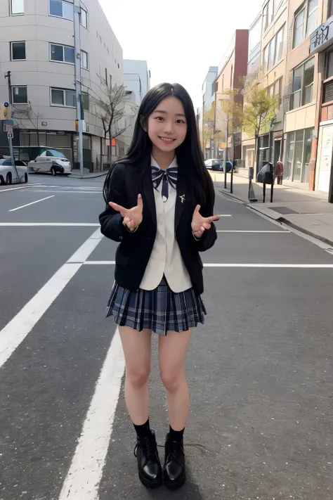 A Japanese female high school student standing on the street in an empty city、 cute face like an idol、 and smiles 、 hands from the bottom of the sea、Long black hair、uniform、 Miniskirt、Full body portrait













