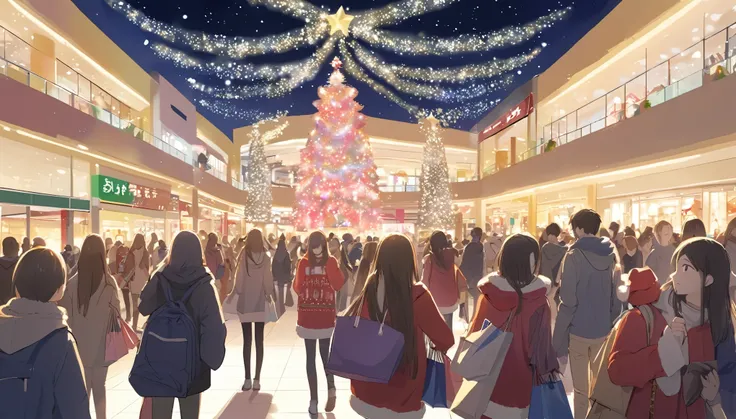 christmas、night、 shopping mall surrounded by high school students、 light up