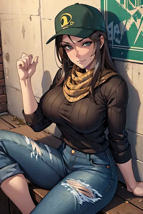 Top quality, detailed face, top quality, detailed eyes, detailed illustration, one woman, MILF, 24 years old, ((vigilante)), baseball cap, bandana covering mouth, dark brown hair, dirty dark green thick jumper, jeans, very dirty, sitting against wall