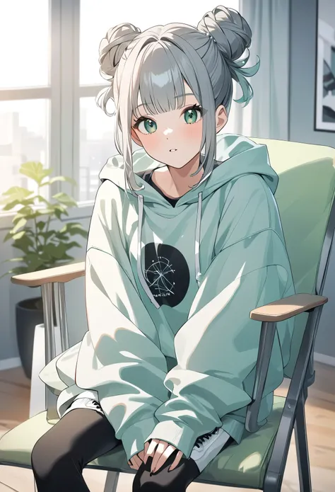 anime girl, pastel,theme color green, fashionable girl, oversized gray hoodie, black graphic t-shirt, high black socks with whit...