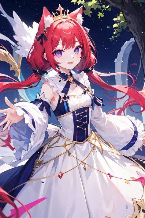  red hair、High twin tails、Straight Bangs、 princess cut、 purple eyes、Tree Eyes、 long lashes、Long Hair、Cat ears、 Magical Girl、Princess、 tiara 、fluffy long dress、 glitter、 cute smile、Vibrant