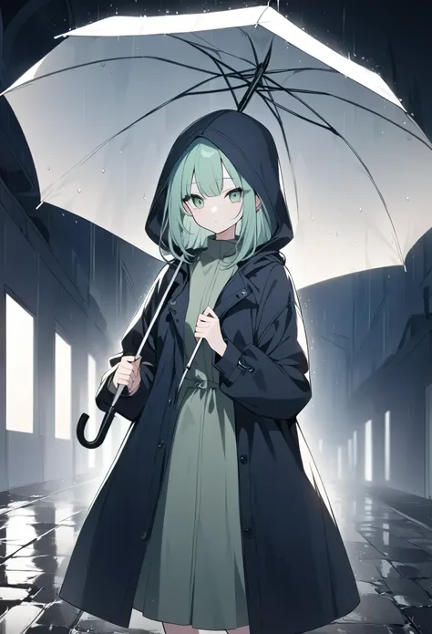 anime girl, pastel,dark gothic style, fashionable woman, navy blue hooded raincoat, light green dress, holding striped umbrella,...